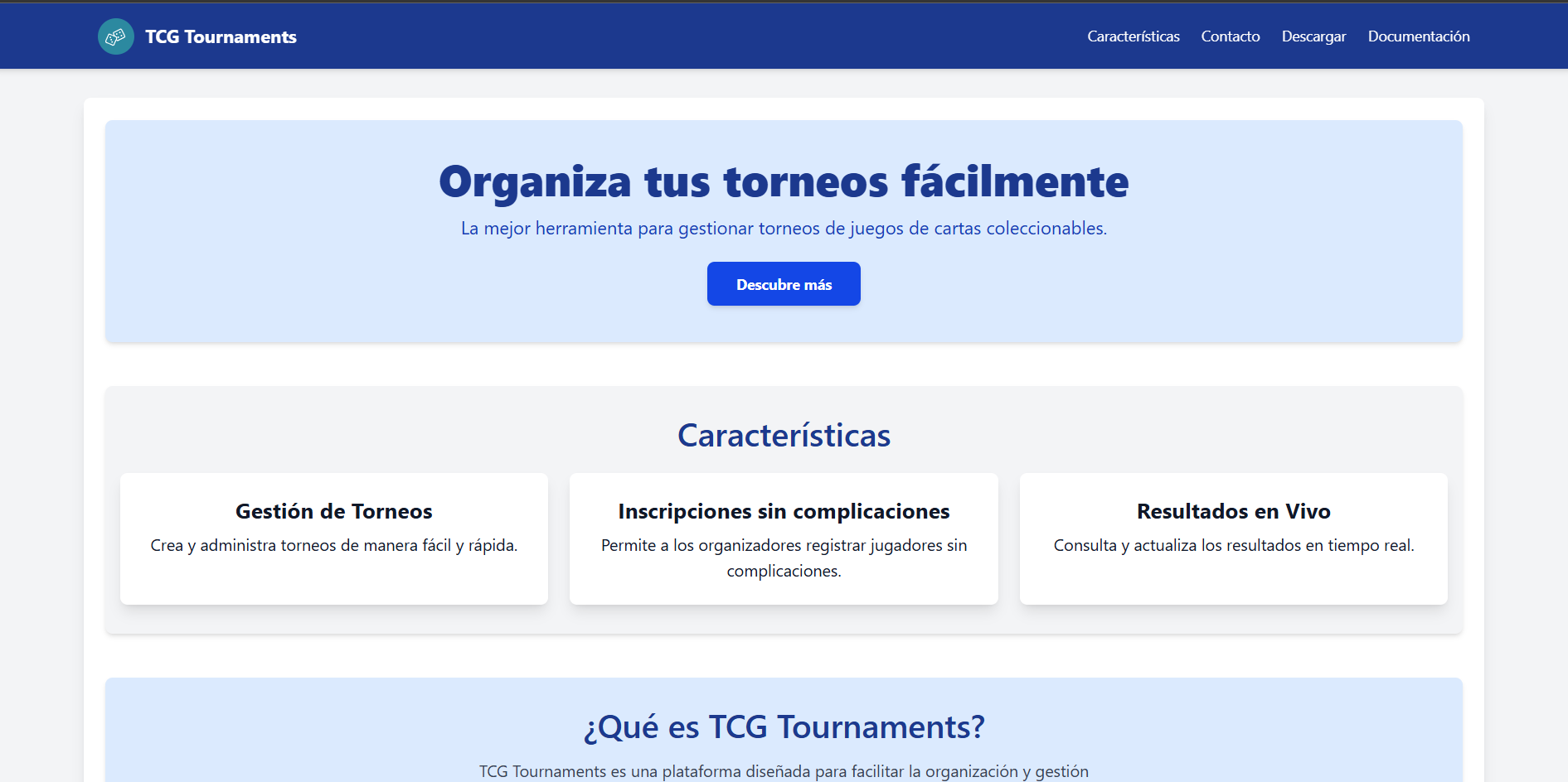 Interfaz de la web TCG Tournaments